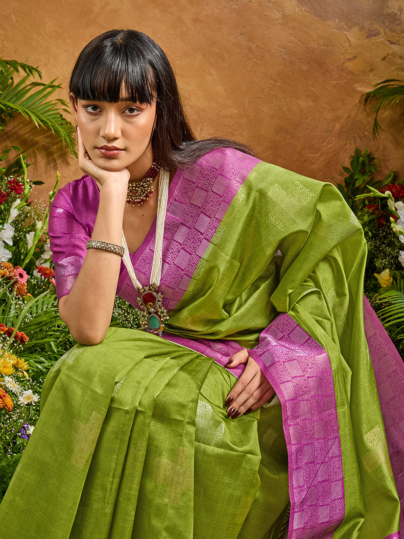 Monjolika Fashion Woven Work Silk Blend Green Saree | Grocsy
