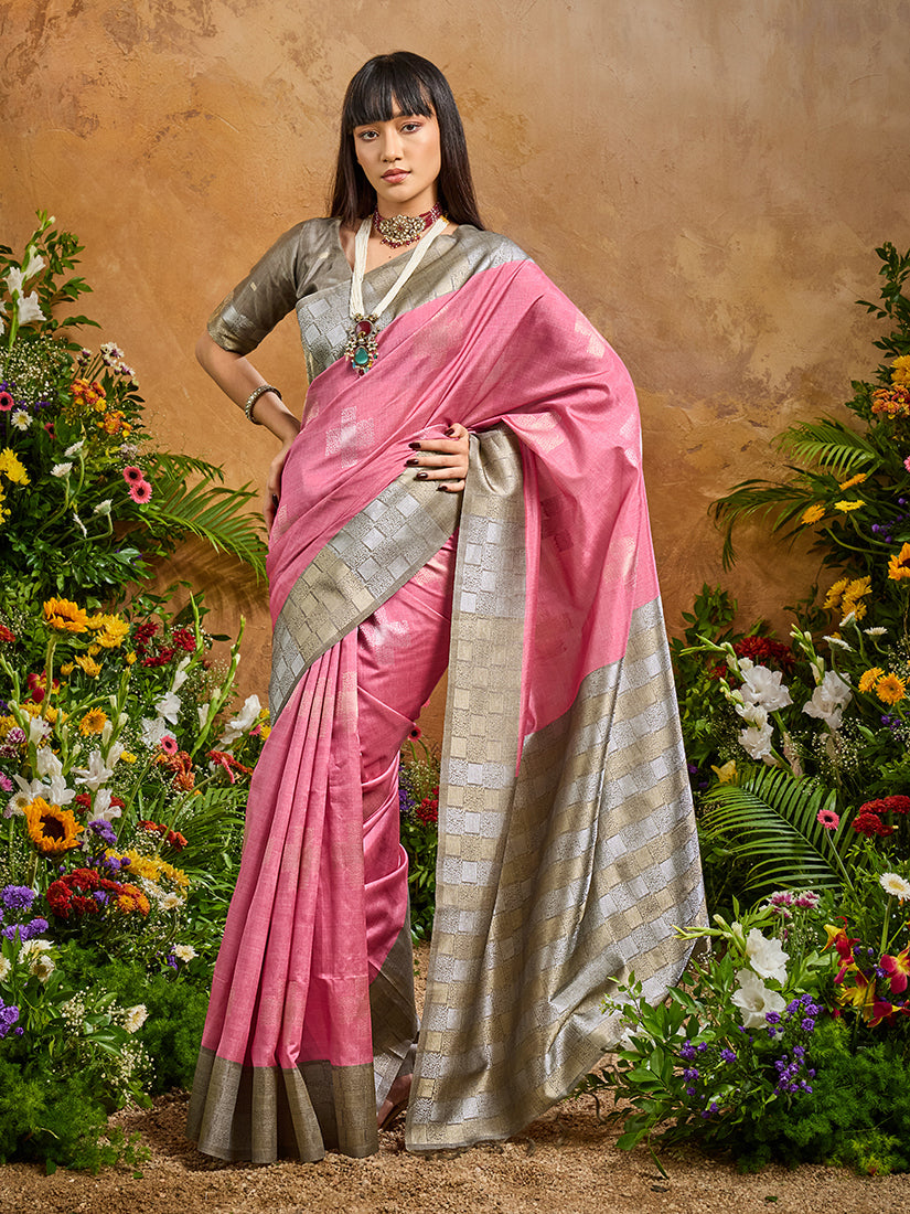 Monjolika Fashion Woven Work Silk Blend Pink Saree | Grocsy