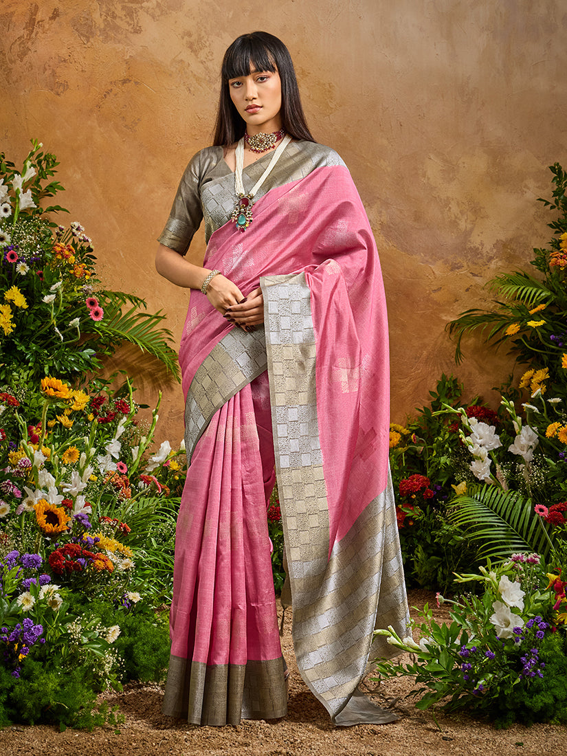 Monjolika Fashion Woven Work Silk Blend Pink Saree | Grocsy