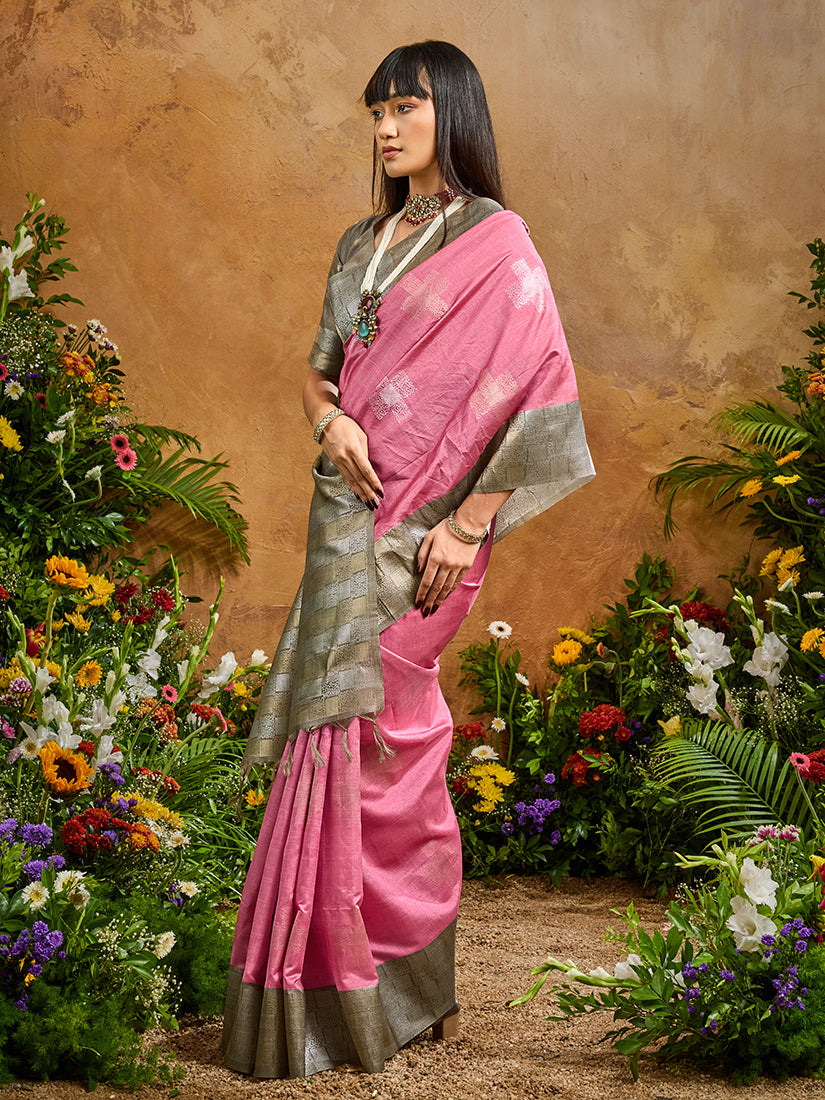 Monjolika Fashion Woven Work Silk Blend Pink Saree | Grocsy