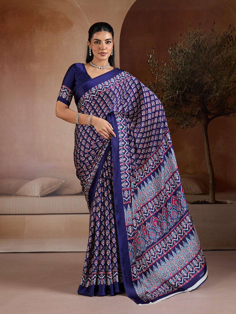 Monjolika Fashion Navy Blue Printed Satin Saree | Grocsy