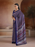 Monjolika Fashion Navy Blue Printed Satin Saree | Grocsy