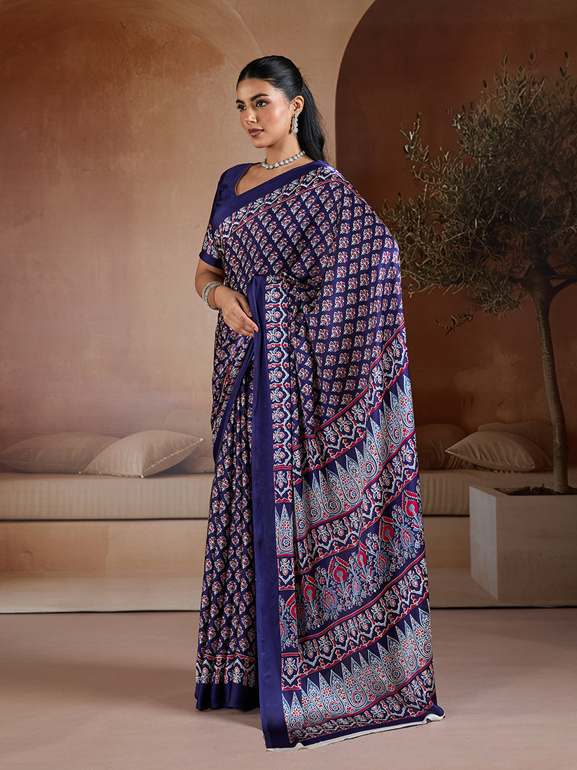 Monjolika Fashion Navy Blue Printed Satin Saree | Grocsy