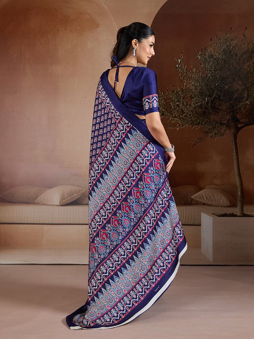 Monjolika Fashion Navy Blue Printed Satin Saree | Grocsy