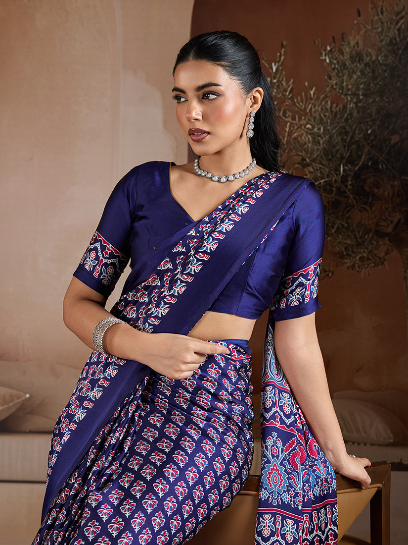 Monjolika Fashion Navy Blue Printed Satin Saree | Grocsy
