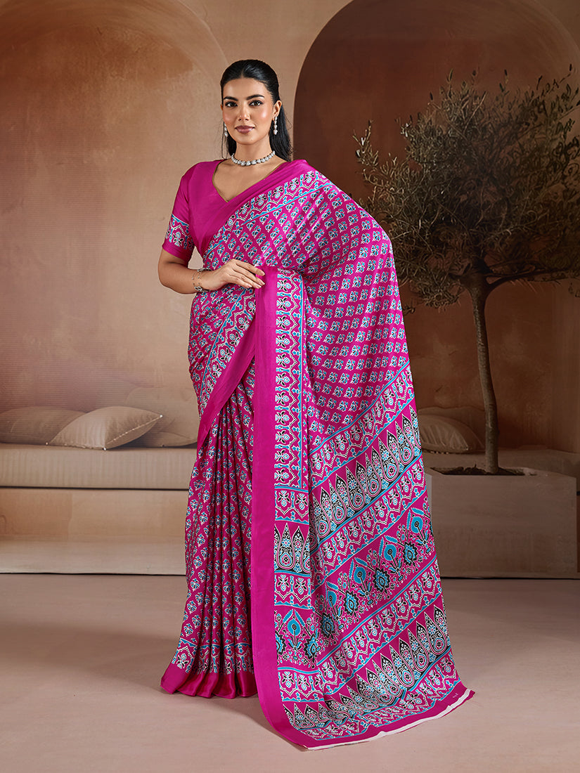 Monjolika Fashion Rani Pink Printed Satin Saree | Grocsy