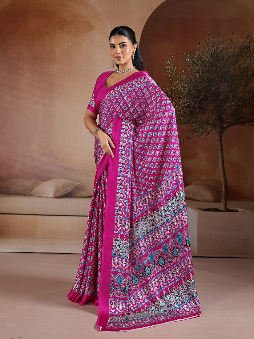 Monjolika Fashion Rani Pink Printed Satin Saree | Grocsy