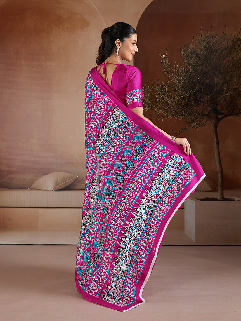 Monjolika Fashion Rani Pink Printed Satin Saree | Grocsy
