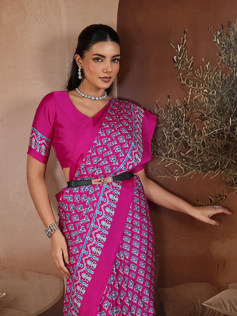 Monjolika Fashion Rani Pink Printed Satin Saree | Grocsy