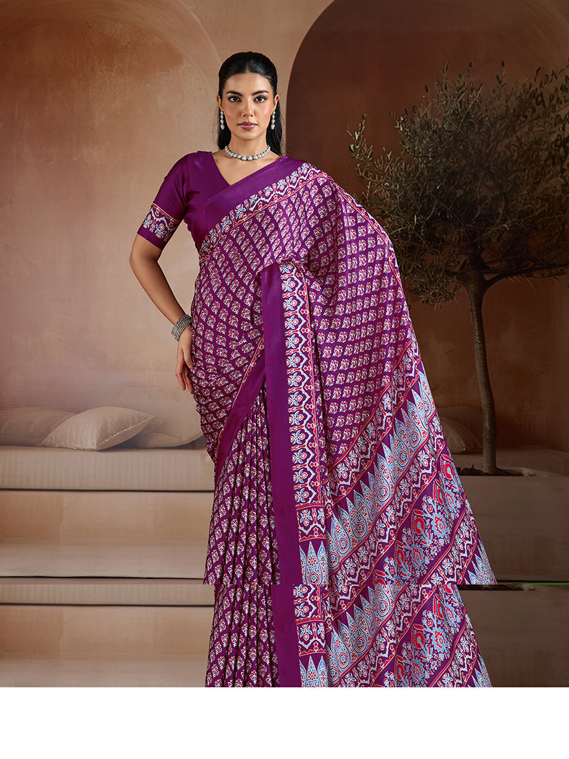 Monjolika Fashion Purple Printed Satin Saree | Grocsy