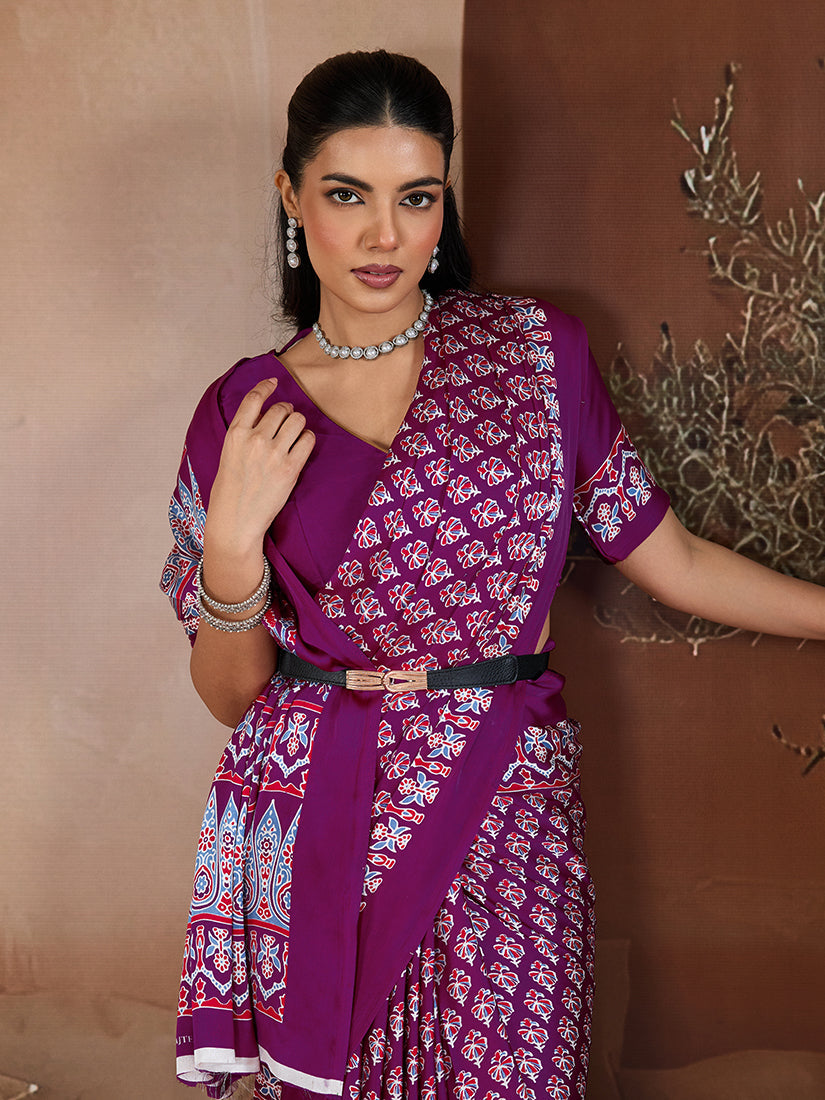 Monjolika Fashion Purple Printed Satin Saree | Grocsy