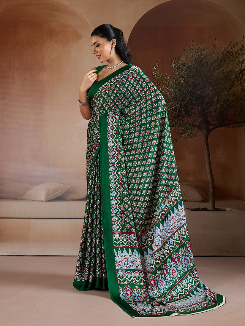 Monjolika Fashion Dark Green Printed Satin Saree | Grocsy