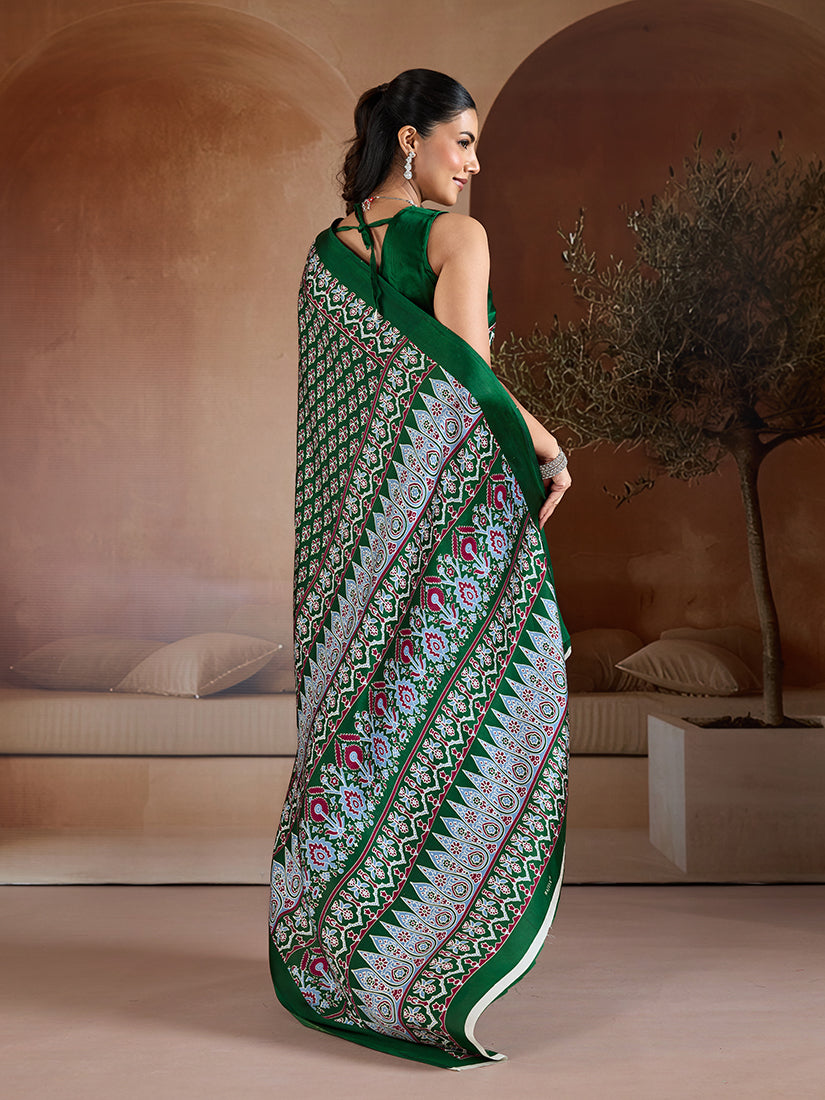 Monjolika Fashion Dark Green Printed Satin Saree | Grocsy
