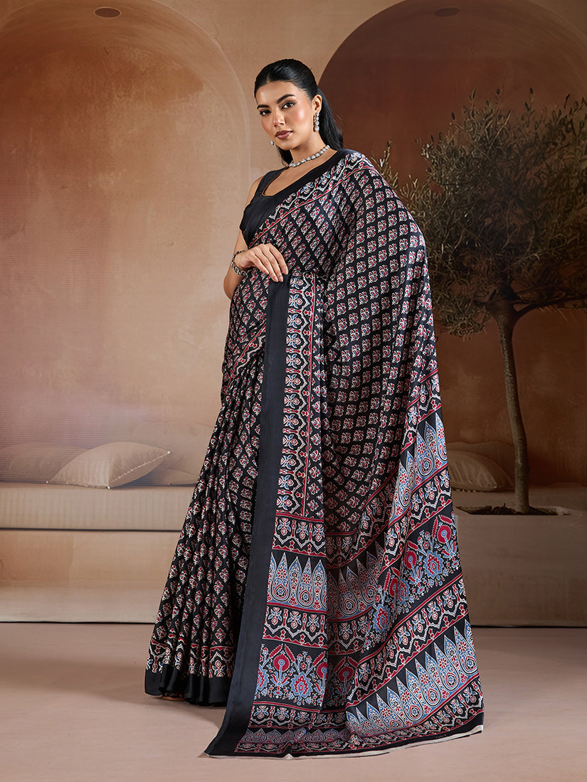 Monjolika Fashion Black Printed Satin Saree | Grocsy