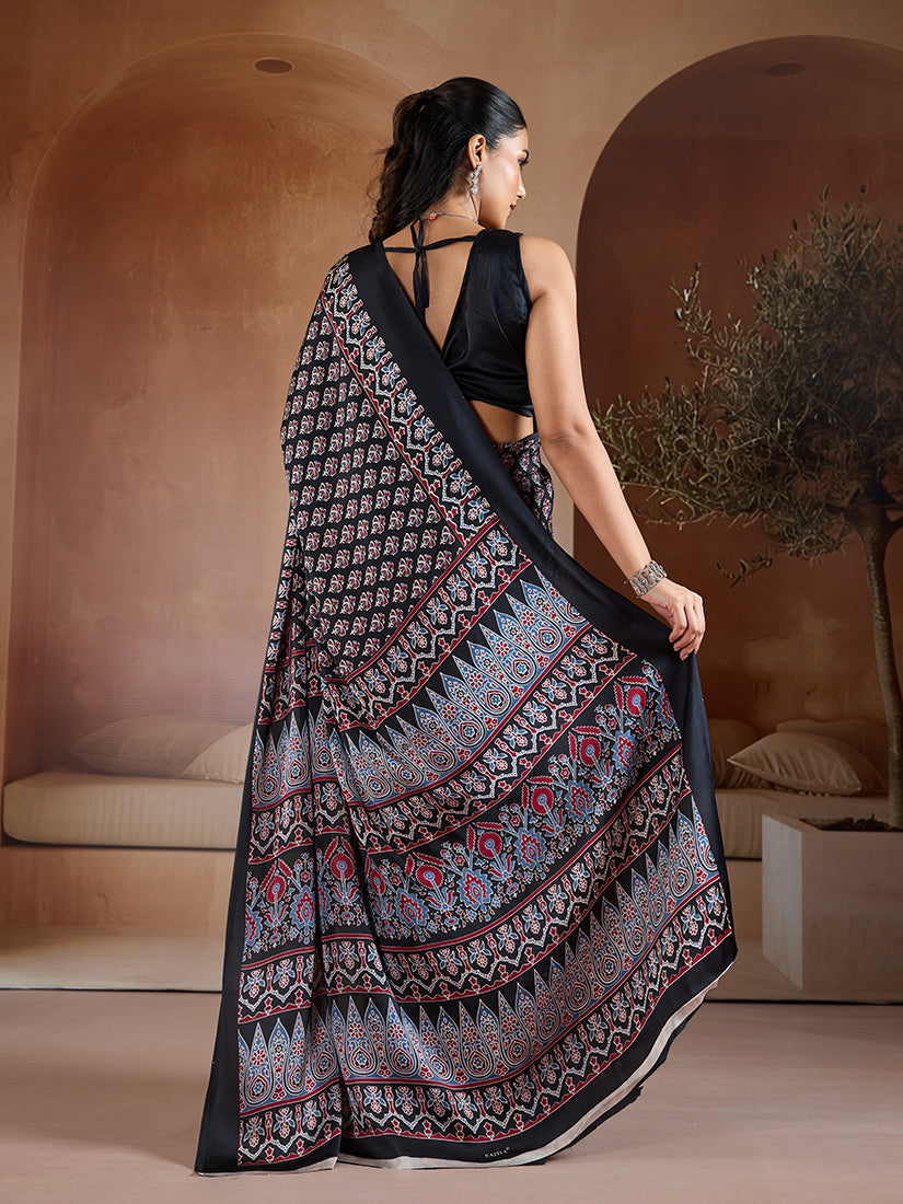 Monjolika Fashion Black Printed Satin Saree | Grocsy