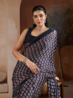 Monjolika Fashion Black Printed Satin Saree | Grocsy