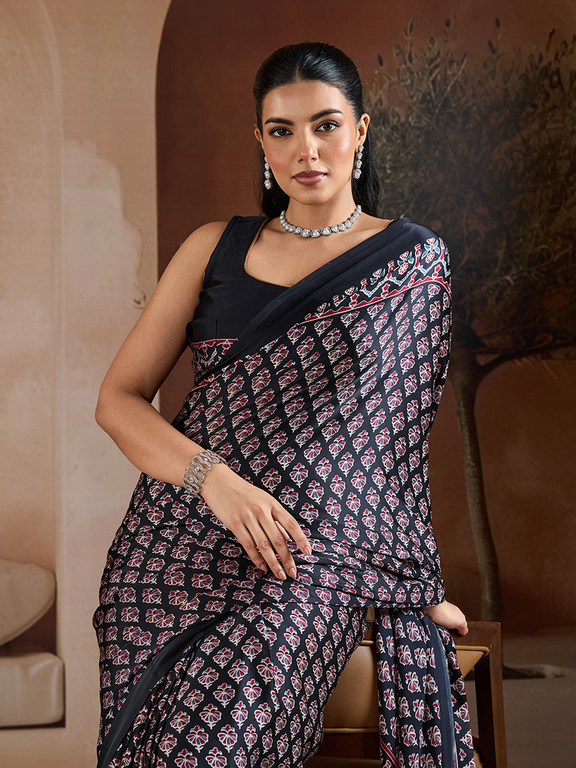 Monjolika Fashion Black Printed Satin Saree | Grocsy