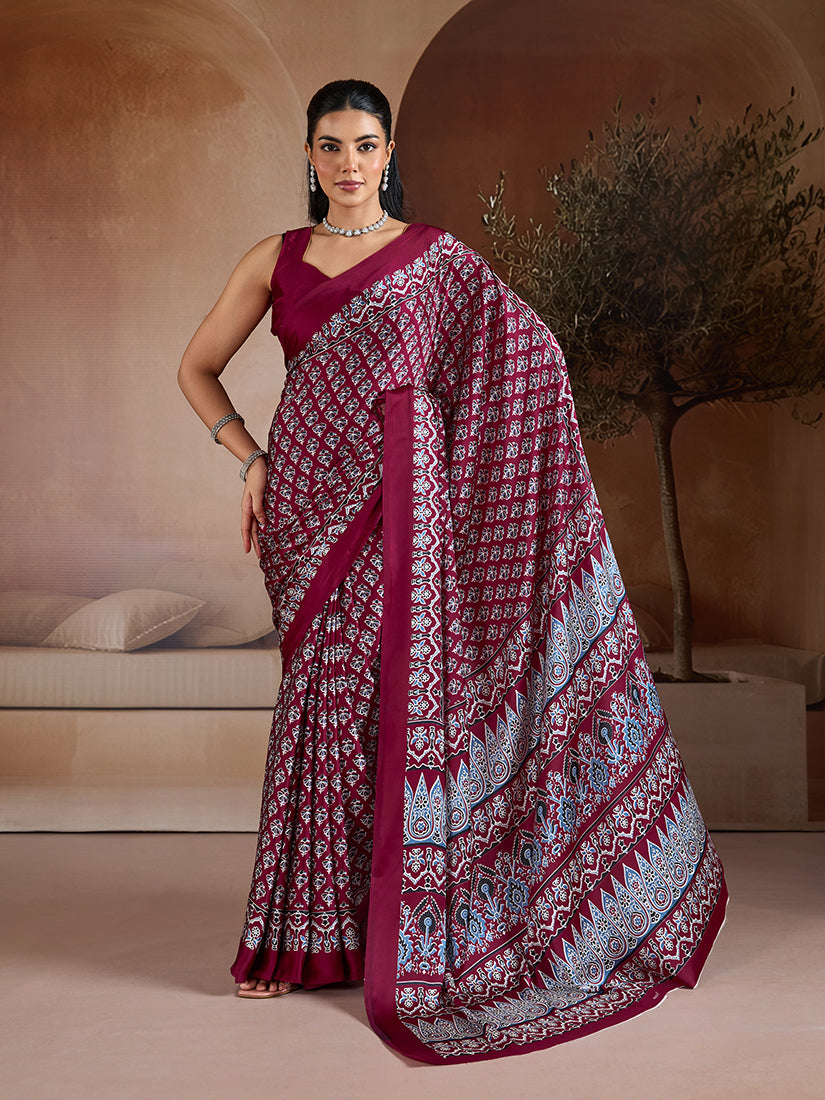 Monjolika Fashion Maroon Printed Satin Saree | Grocsy