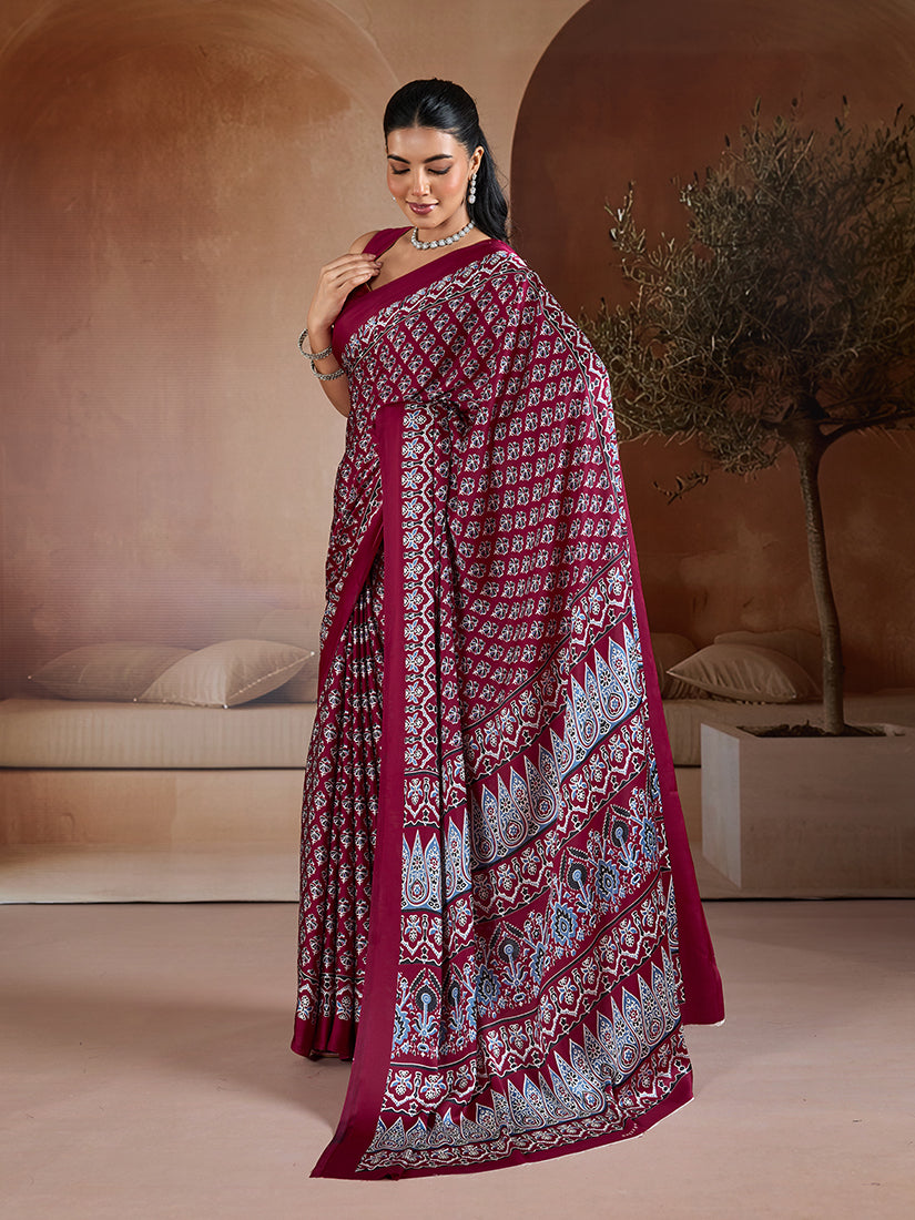 Monjolika Fashion Maroon Printed Satin Saree | Grocsy