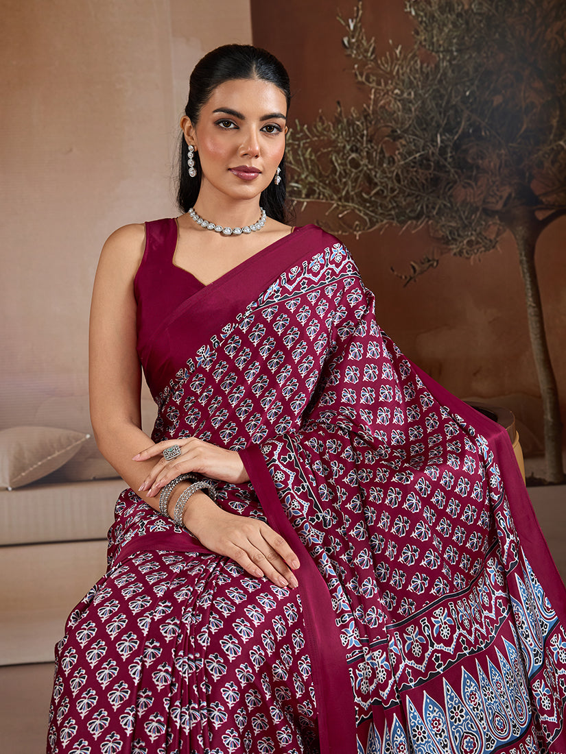 Monjolika Fashion Maroon Printed Satin Saree | Grocsy
