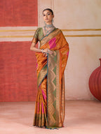 Monjolika Fashion Silk Blend woven Work Orange Saree | Grocsy