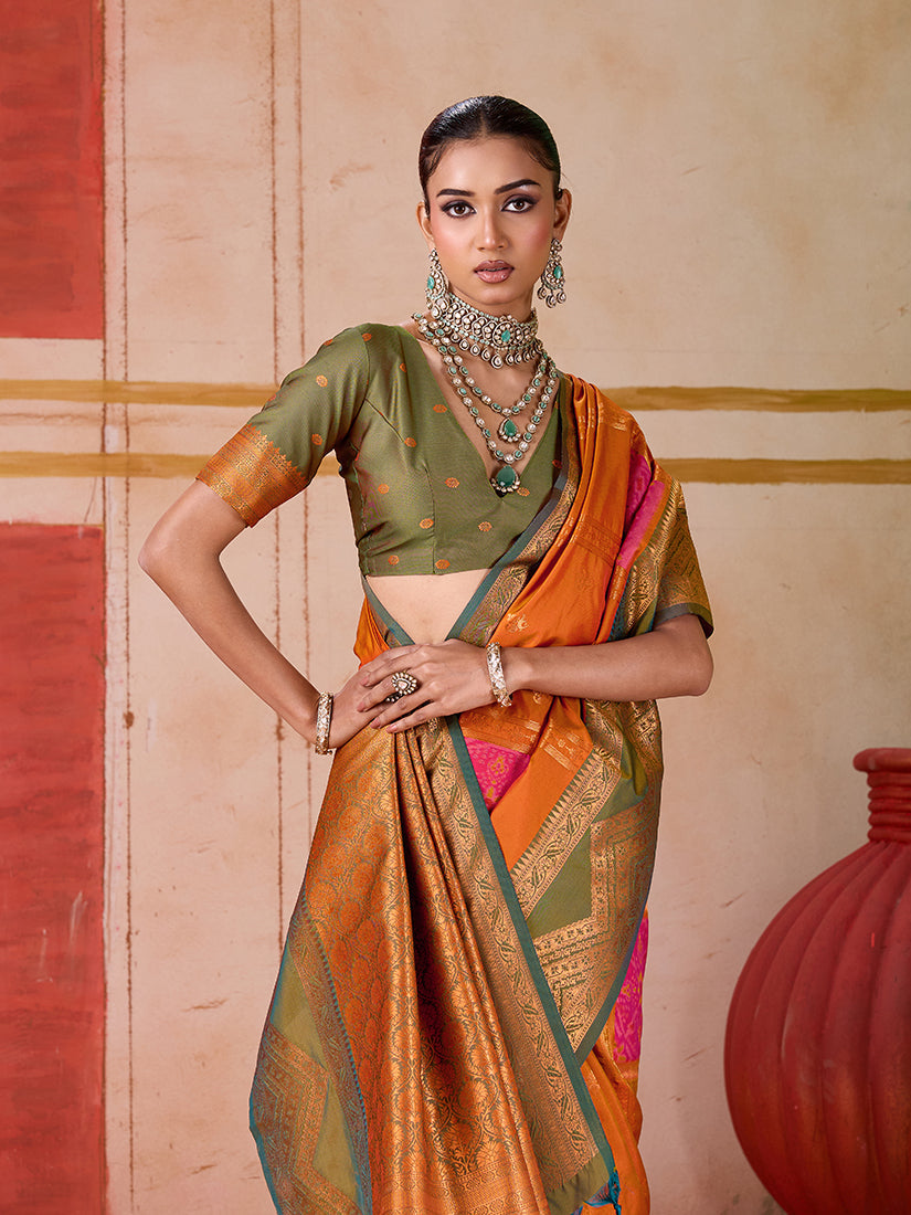 Monjolika Fashion Silk Blend woven Work Orange Saree | Grocsy