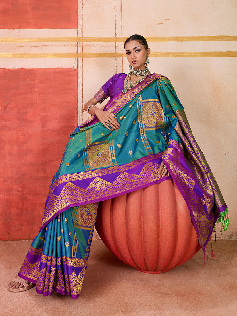 Monjolika Fashion Silk Blend woven Work Teal Saree | Grocsy
