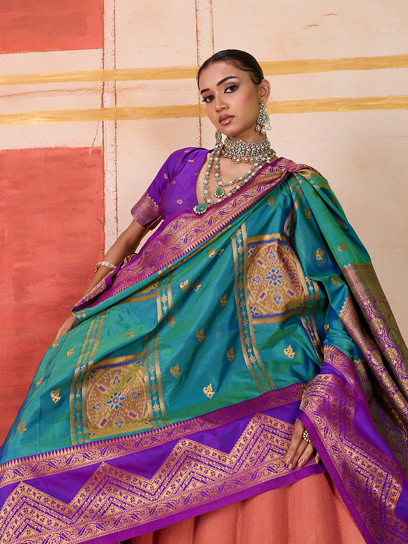 Monjolika Fashion Silk Blend woven Work Teal Saree | Grocsy