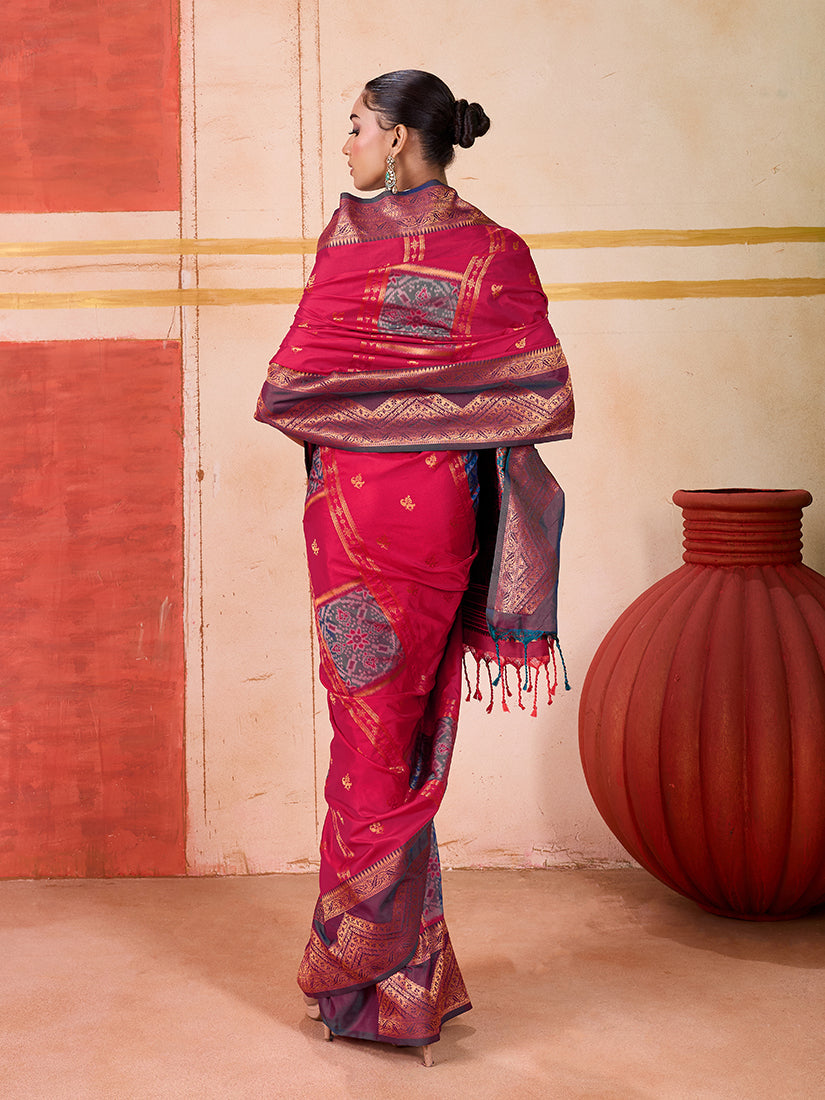 Monjolika Fashion Silk Blend woven Work Rani Pink Saree | Grocsy