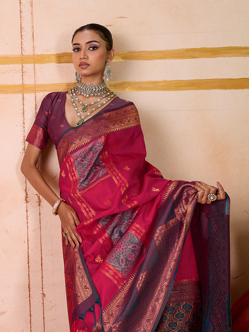 Monjolika Fashion Silk Blend woven Work Rani Pink Saree | Grocsy