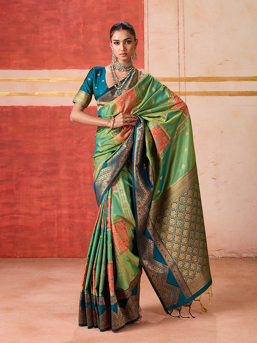Monjolika Fashion Silk Blend woven Work Green Saree | Grocsy