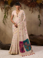 Monjolika Fashion Cotton Blend woven Cream Saree | Grocsy