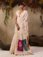 Monjolika Fashion Cotton Blend woven Cream Saree | Grocsy