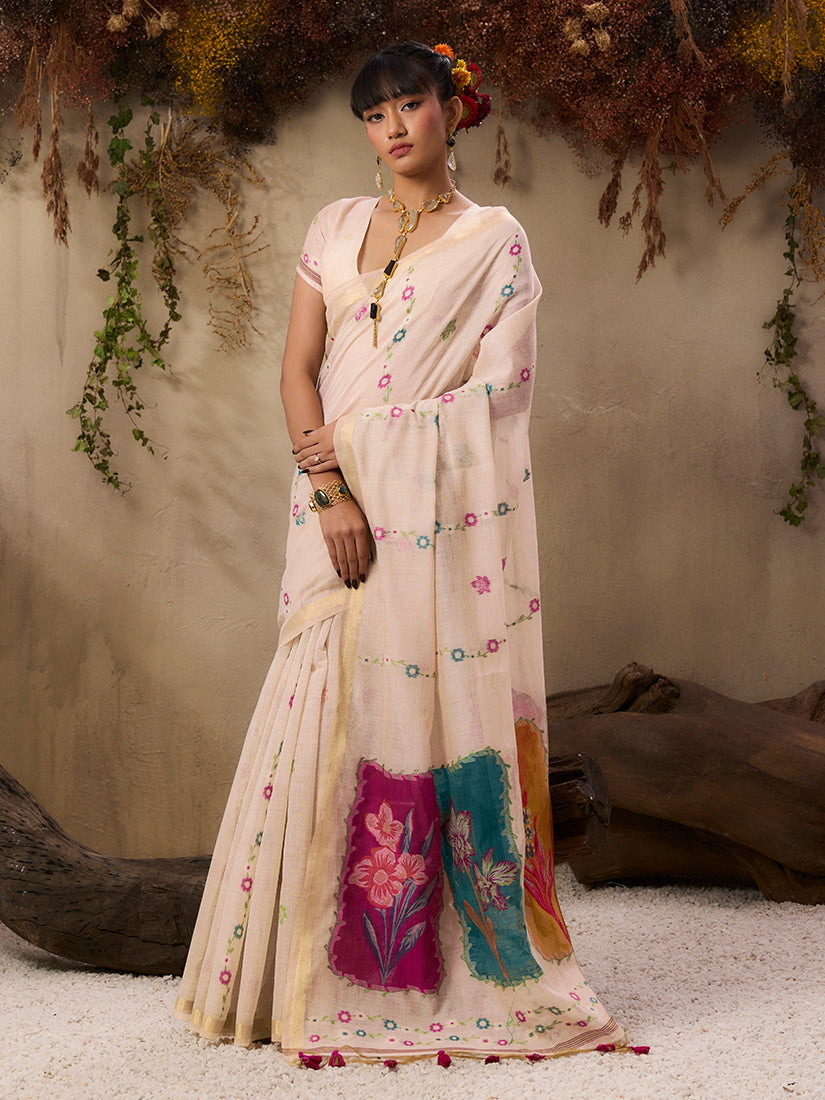 Monjolika Fashion Cotton Blend woven Cream Saree | Grocsy