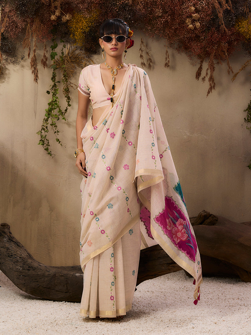 Monjolika Fashion Cotton Blend woven Cream Saree | Grocsy