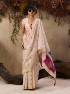 Monjolika Fashion Cotton Blend woven Cream Saree | Grocsy
