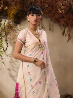Monjolika Fashion Cotton Blend woven Cream Saree | Grocsy