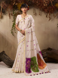 Monjolika Fashion Cotton Blend woven Cream Saree | Grocsy