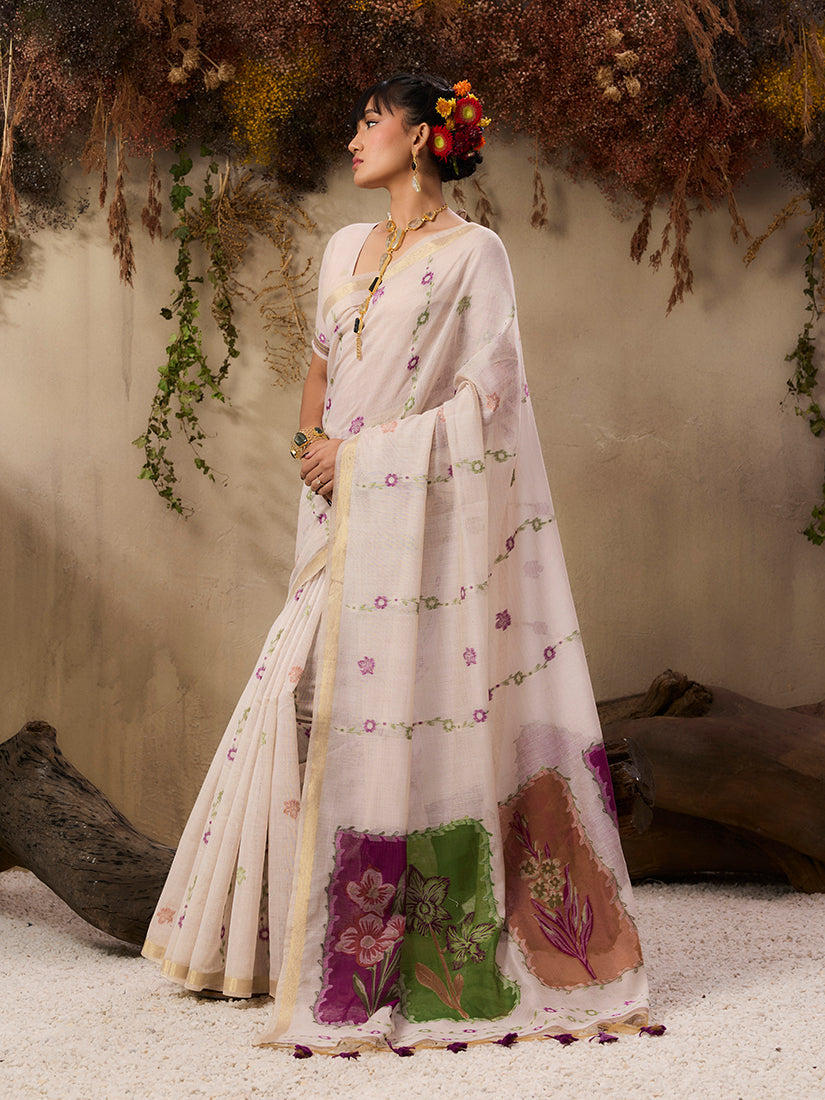 Monjolika Fashion Cotton Blend woven Cream Saree | Grocsy