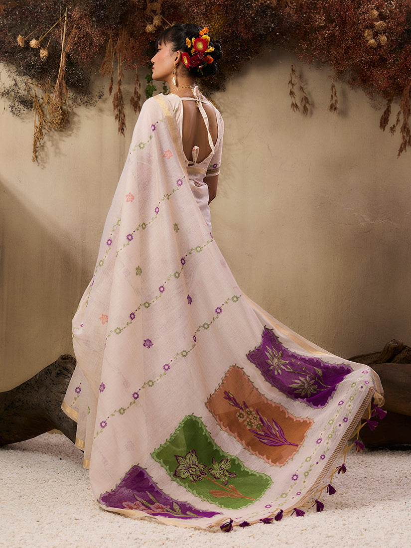 Monjolika Fashion Cotton Blend woven Cream Saree | Grocsy