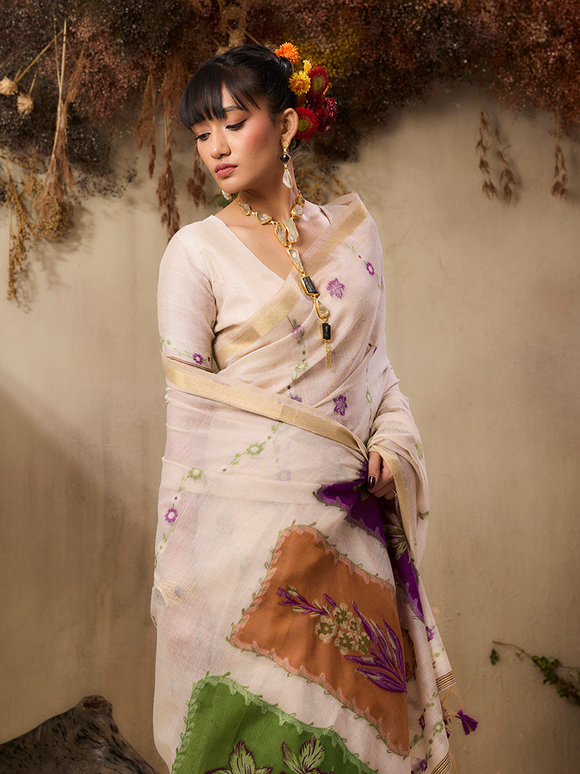 Monjolika Fashion Cotton Blend woven Cream Saree | Grocsy
