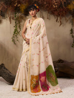 Monjolika Fashion Cotton Blend woven Cream Saree | Grocsy