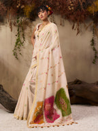 Monjolika Fashion Cotton Blend woven Cream Saree | Grocsy