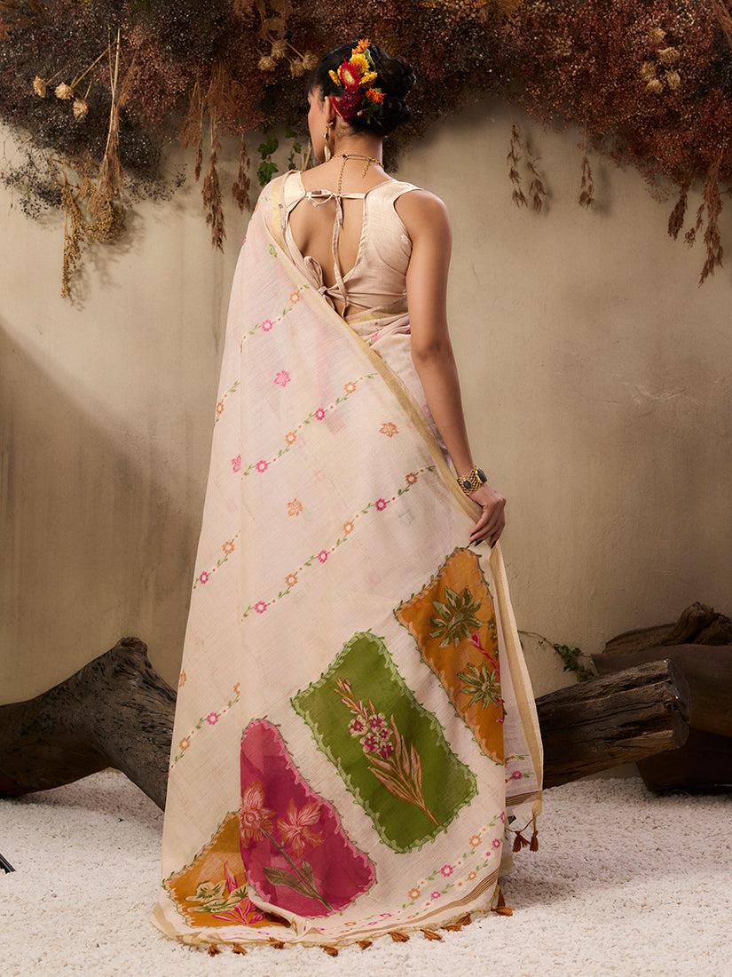Monjolika Fashion Cotton Blend woven Cream Saree | Grocsy