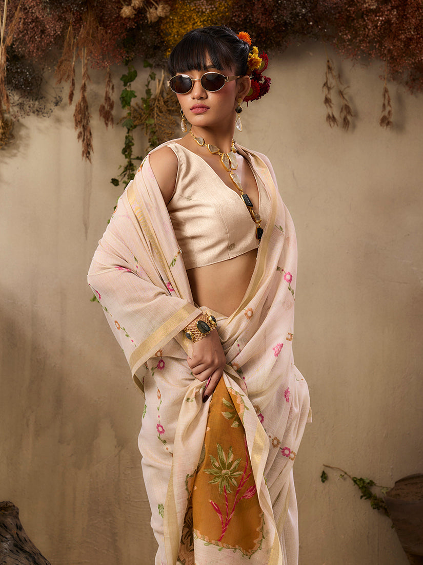 Monjolika Fashion Cotton Blend woven Cream Saree | Grocsy