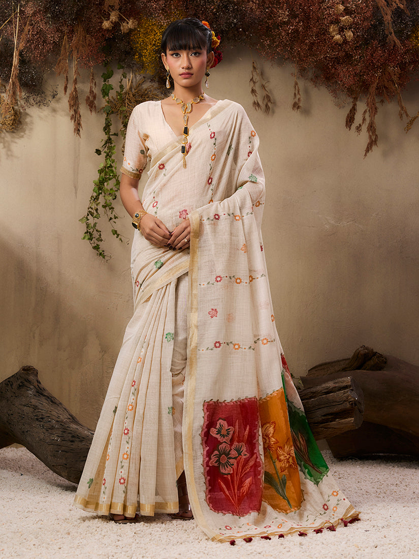 Monjolika Fashion Cotton Blend woven Cream Saree | Grocsy