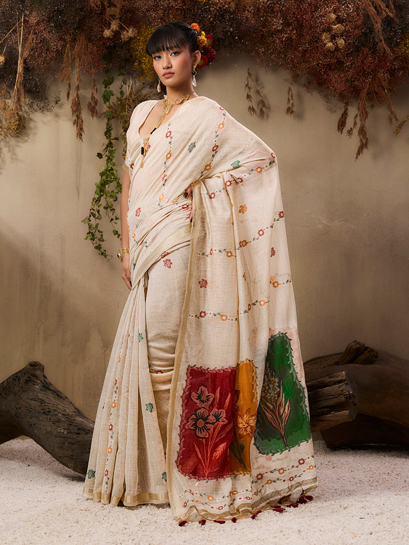 Monjolika Fashion Cotton Blend woven Cream Saree | Grocsy