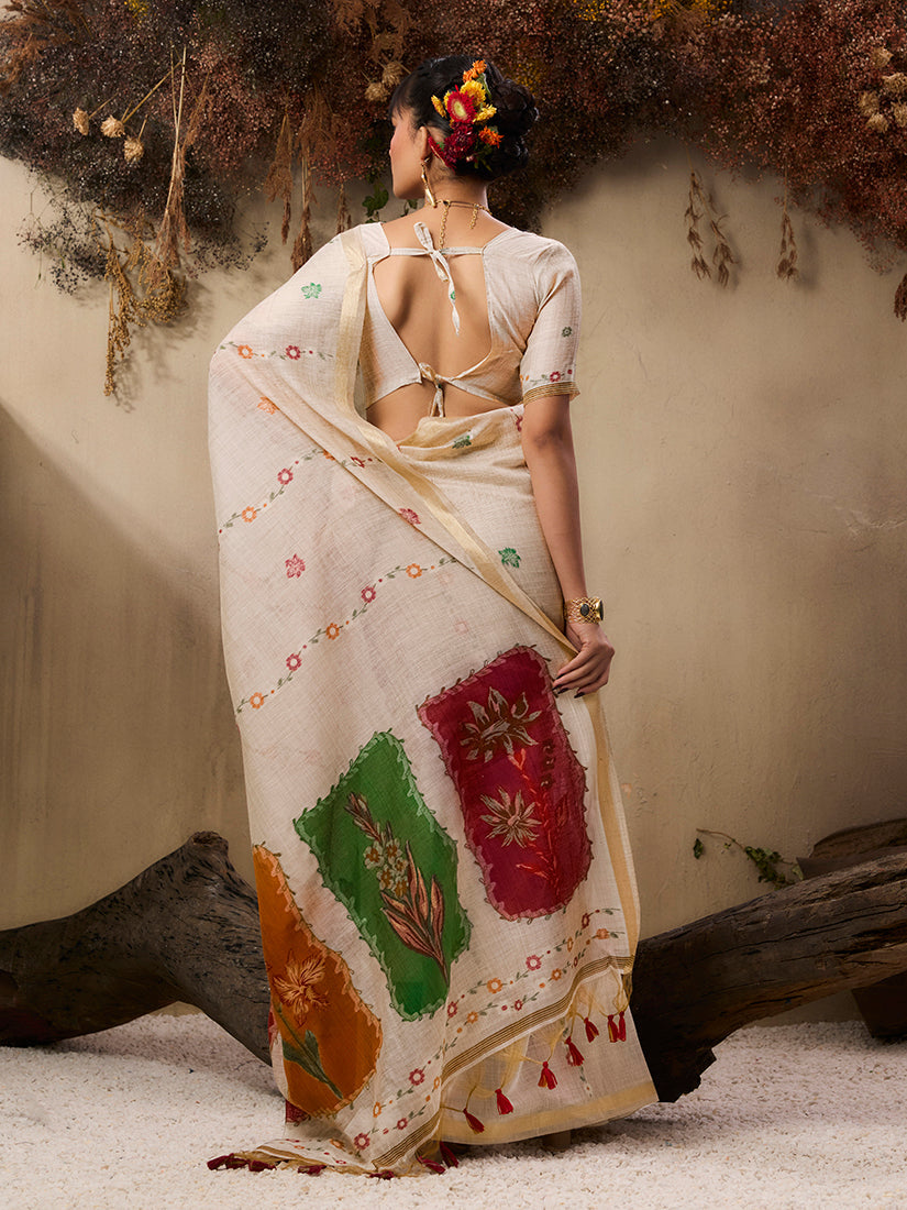 Monjolika Fashion Cotton Blend woven Cream Saree | Grocsy