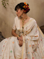 Monjolika Fashion Cotton Blend woven Cream Saree | Grocsy