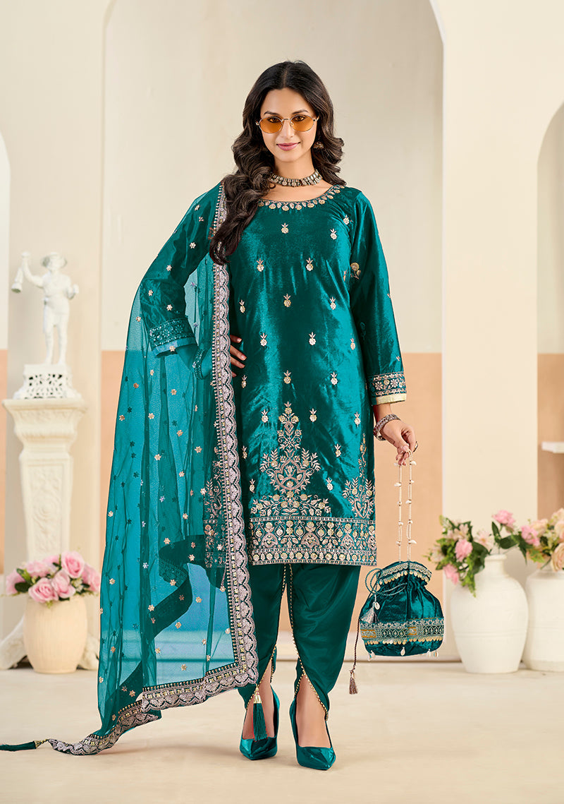 Monjolika Fashion Teal Velvet Embroidered Salwar Kameez | Grocsy
